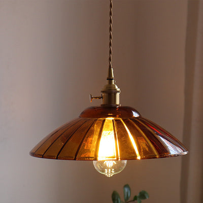 Traditional Japanese Round Copper Glass 1-Light Pendant Light For Living Room