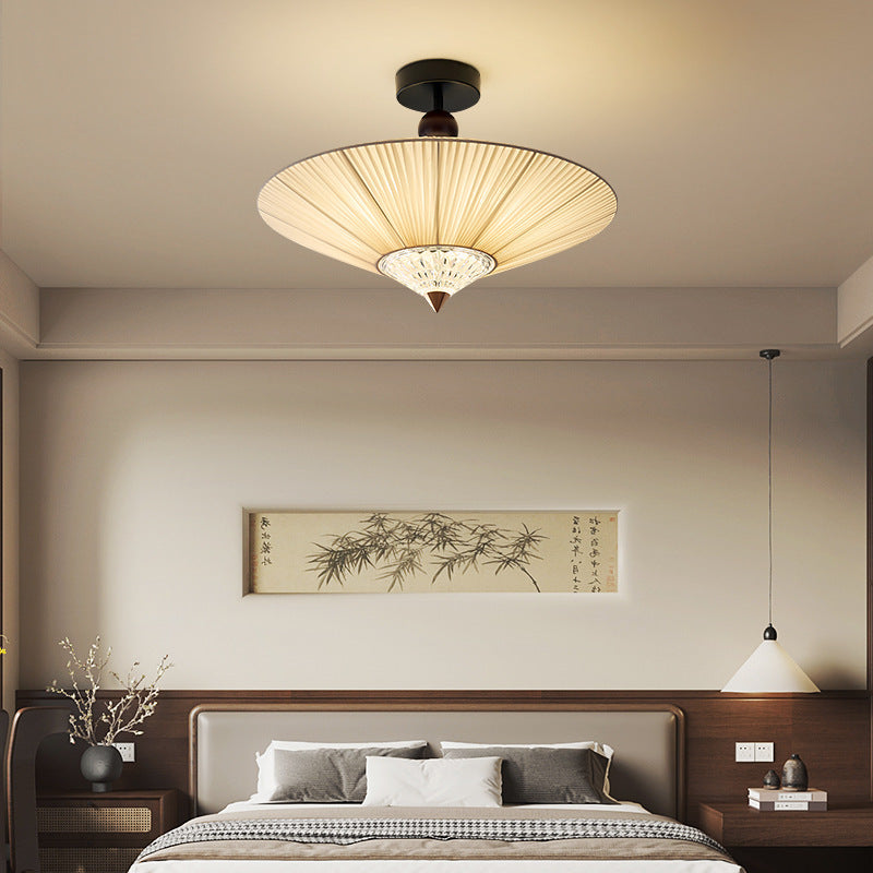 Traditional Vintage Rhombus Metal Fabric Crystal 3/4-Light Semi-Flush Mount Ceiling Light For Bedroom