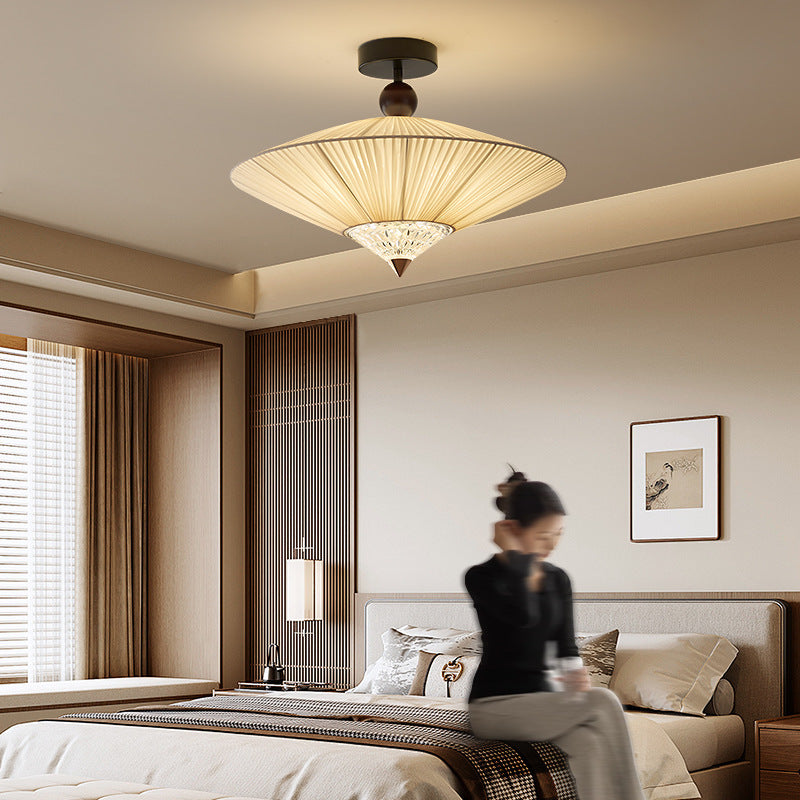 Traditional Vintage Rhombus Metal Fabric Crystal 3/4-Light Semi-Flush Mount Ceiling Light For Bedroom