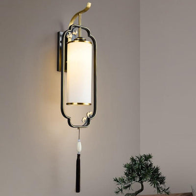 Traditional Chinese Cylindrical Copper Glass 1-Light Wall Sconce Lamp For Hallway