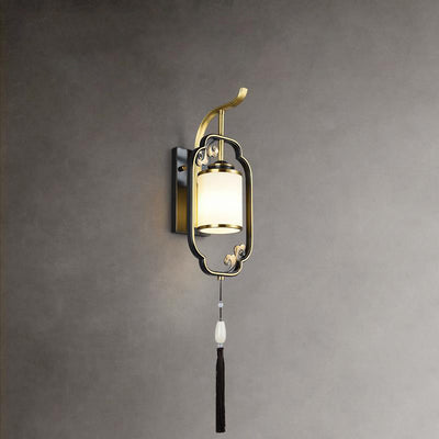 Traditional Chinese Cylindrical Copper Glass 1-Light Wall Sconce Lamp For Hallway