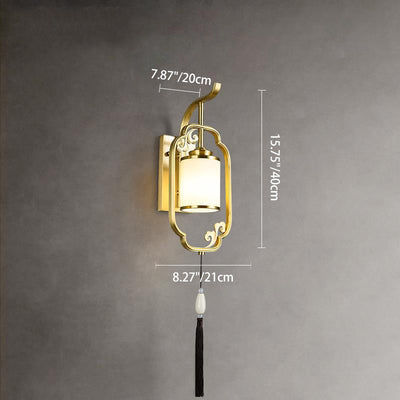 Traditional Chinese Cylindrical Copper Glass 1-Light Wall Sconce Lamp For Hallway