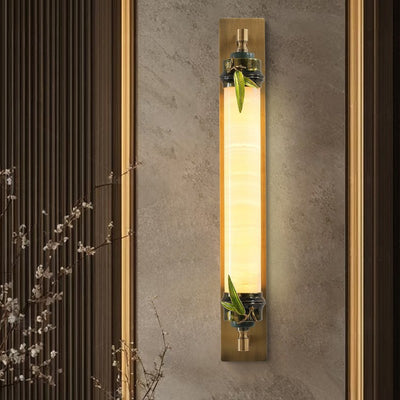 Traditional Chinese Cylindrical Brass Jade LED Wall Sconce Lamp For Entryway