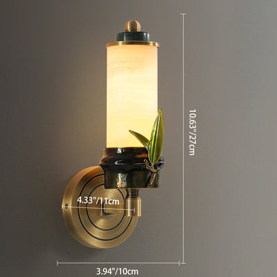 Traditional Chinese Cylindrical Brass Jade LED Wall Sconce Lamp For Entryway