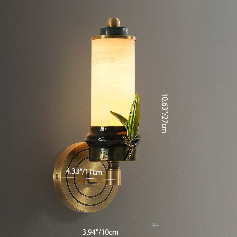 Traditional Chinese Cylindrical Brass Jade LED Wall Sconce Lamp For Entryway