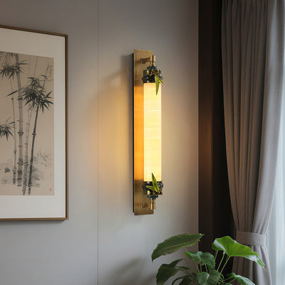 Traditional Chinese Cylindrical Brass Jade LED Wall Sconce Lamp For Entryway