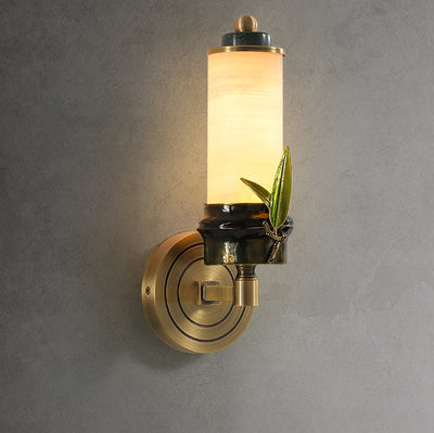 Traditional Chinese Cylindrical Brass Jade LED Wall Sconce Lamp For Entryway