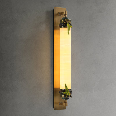 Traditional Chinese Cylindrical Brass Jade LED Wall Sconce Lamp For Entryway