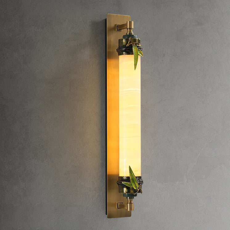 Traditional Chinese Cylindrical Brass Jade LED Wall Sconce Lamp For Entryway