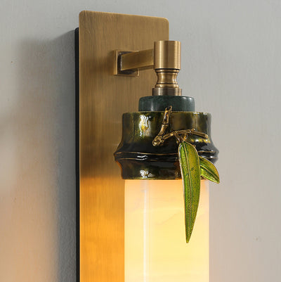 Traditional Chinese Cylindrical Brass Jade LED Wall Sconce Lamp For Entryway