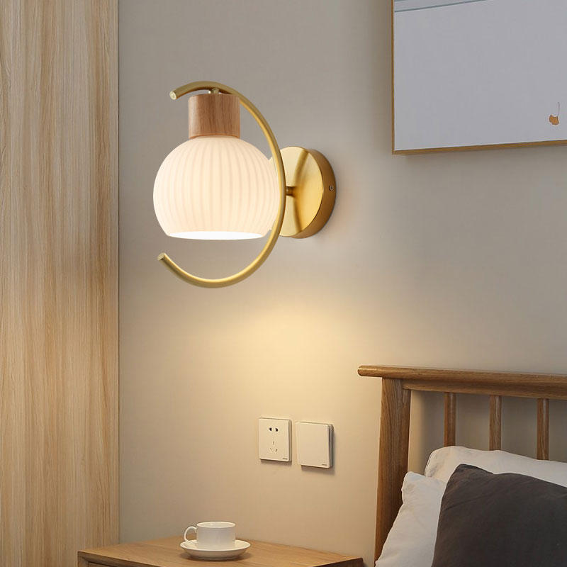 Modern Minimalist Geometric Rubberwood Glass 1-Light Wall Sconce Lamp For Bedroom