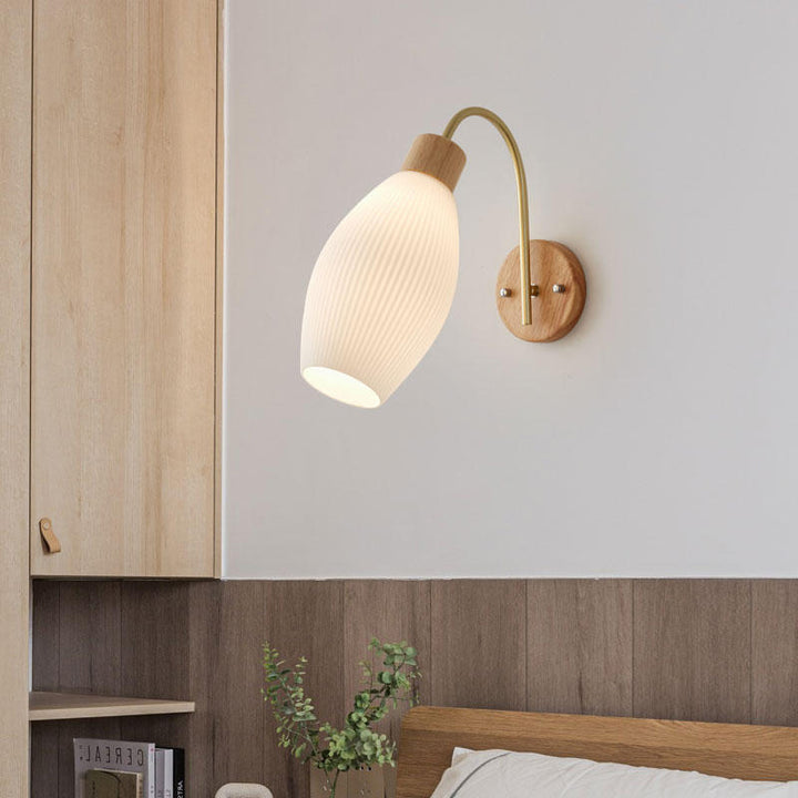 Modern Minimalist Geometric Rubberwood Glass 1-Light Wall Sconce Lamp For Bedroom