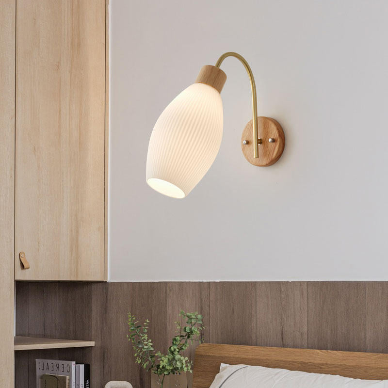 Modern Minimalist Geometric Rubberwood Glass 1-Light Wall Sconce Lamp For Bedroom