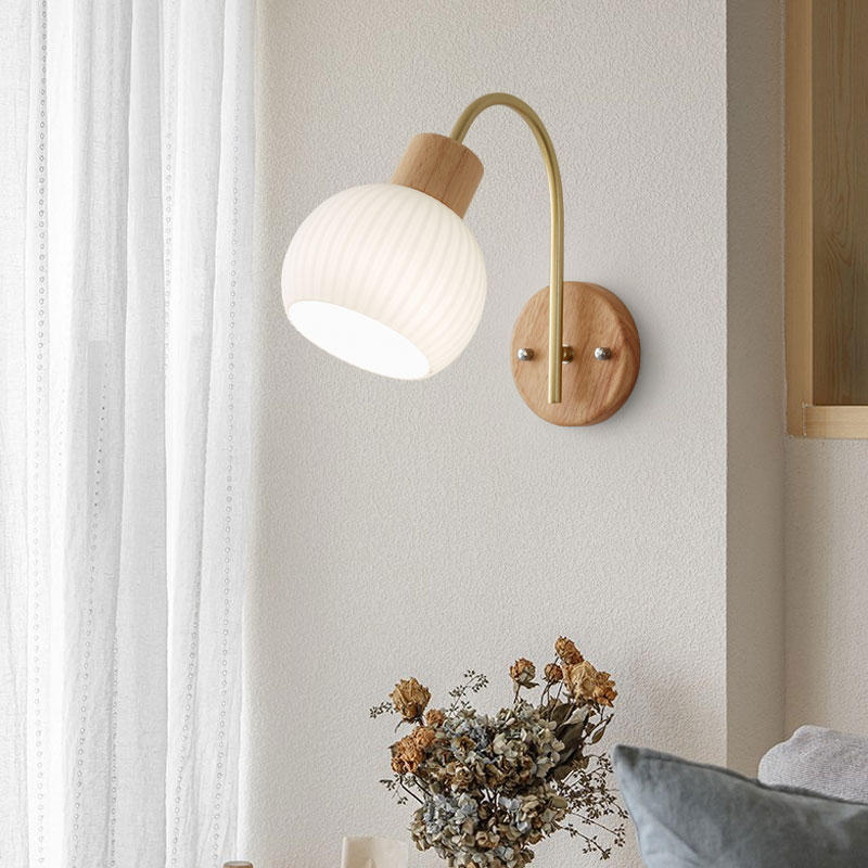 Modern Minimalist Geometric Rubberwood Glass 1-Light Wall Sconce Lamp For Bedroom