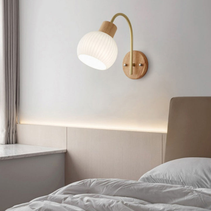 Modern Minimalist Geometric Rubberwood Glass 1-Light Wall Sconce Lamp For Bedroom