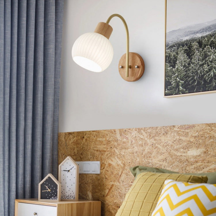 Modern Minimalist Geometric Rubberwood Glass 1-Light Wall Sconce Lamp For Bedroom