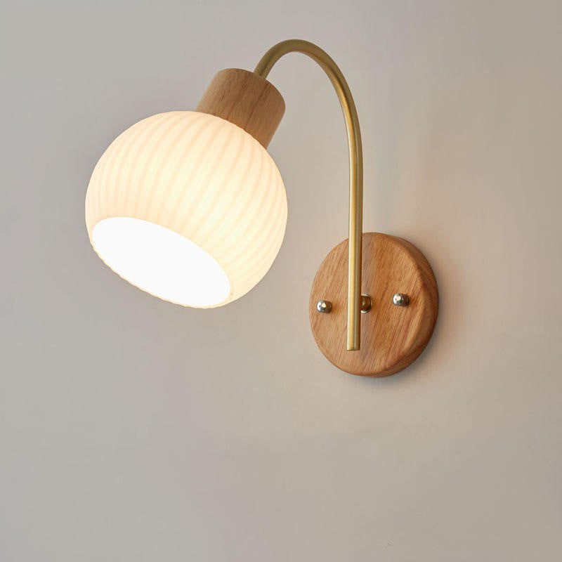 Modern Minimalist Geometric Rubberwood Glass 1-Light Wall Sconce Lamp For Bedroom