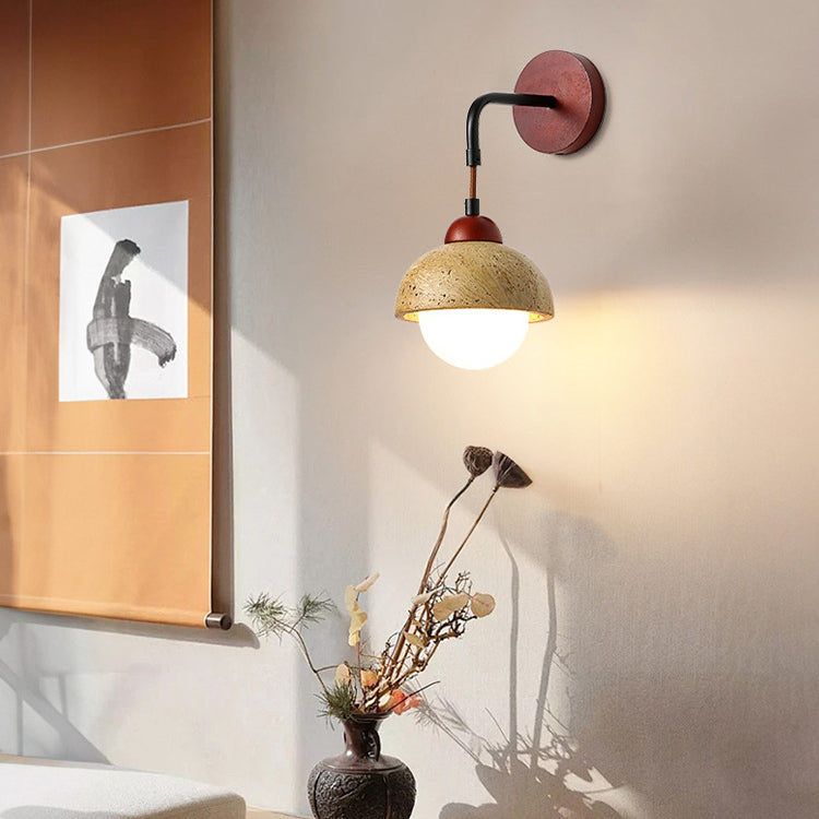 Modern Minimalist Geometric Shape Iron Resin Yellow Travertine 1-Light Wall Sconce Lamp For Bedroom