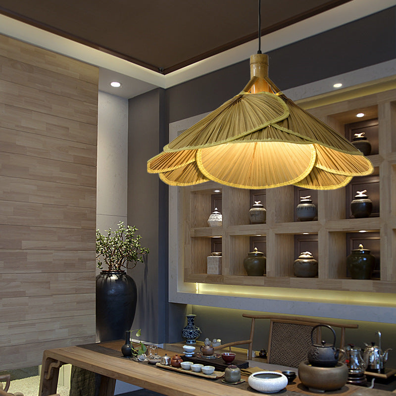Traditional Rustic Hat Solid Wood Bamboo 1-Light Pendant Light For Dining Room