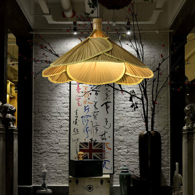 Traditional Rustic Hat Solid Wood Bamboo 1-Light Pendant Light For Dining Room