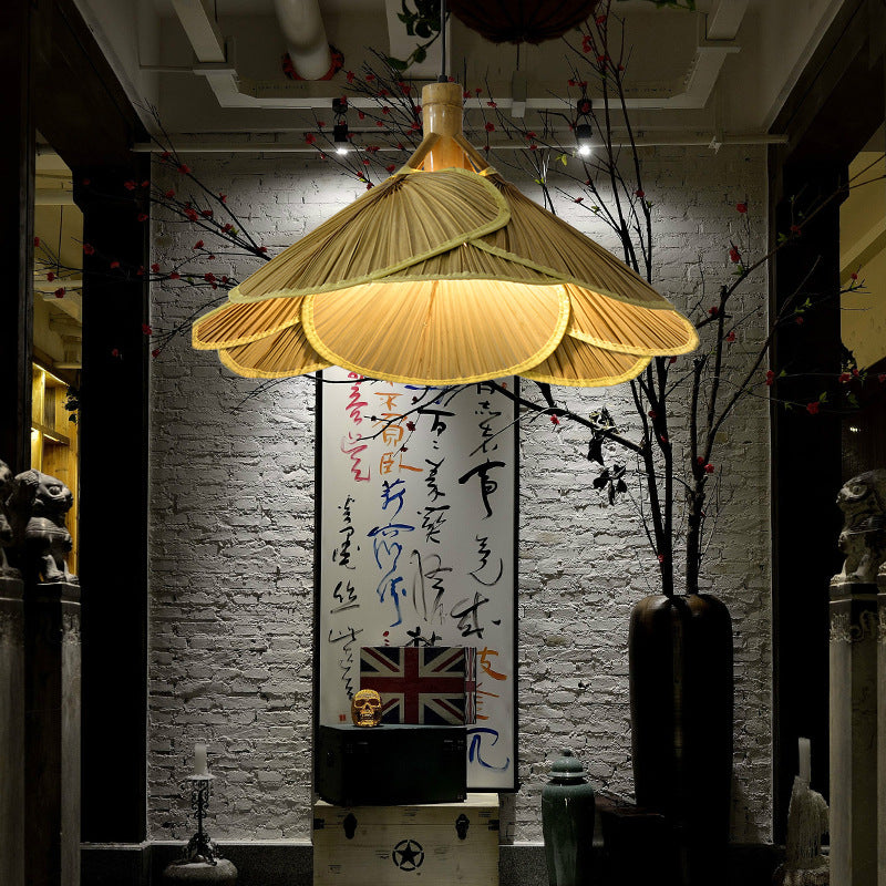 Traditional Rustic Hat Solid Wood Bamboo 1-Light Pendant Light For Dining Room