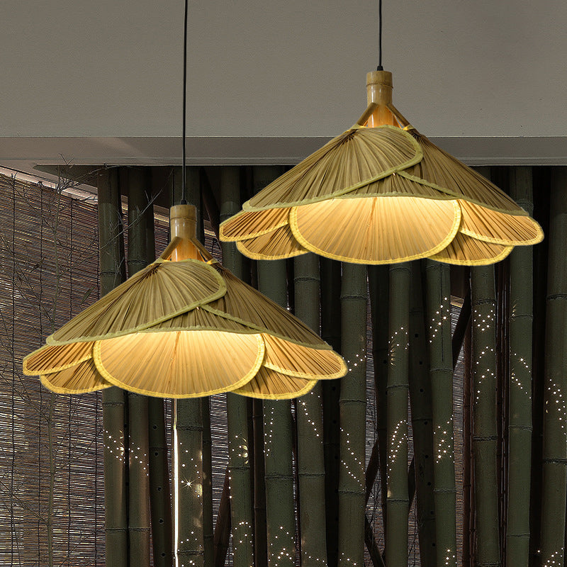 Traditional Rustic Hat Solid Wood Bamboo 1-Light Pendant Light For Dining Room