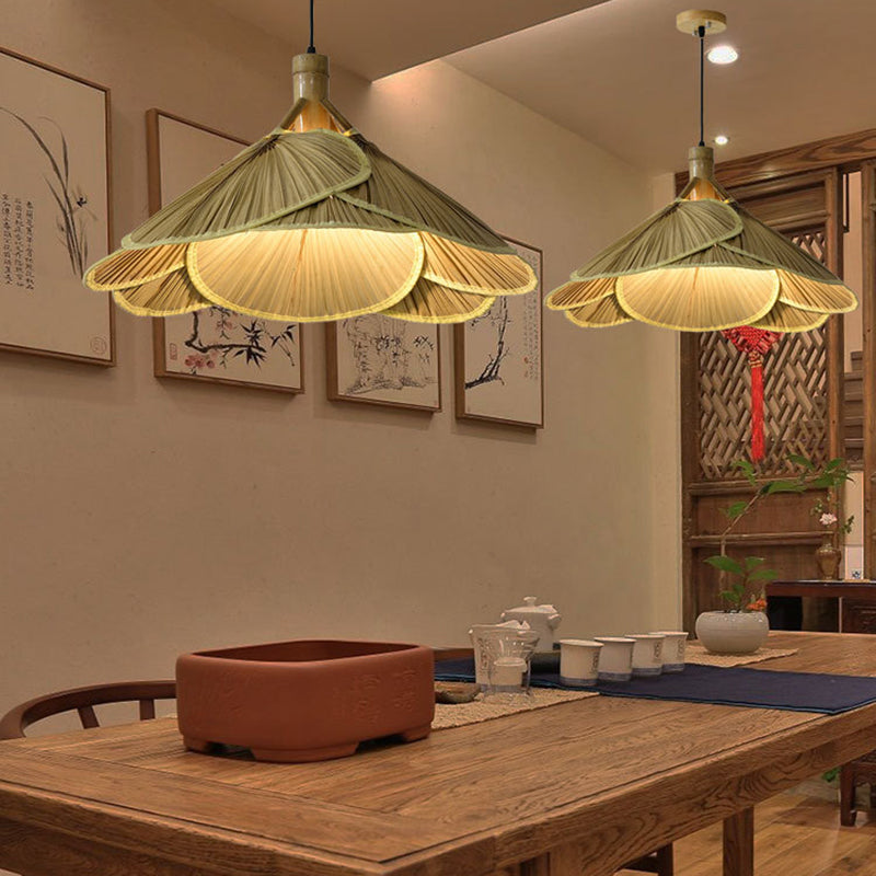 Traditional Rustic Hat Solid Wood Bamboo 1-Light Pendant Light For Dining Room