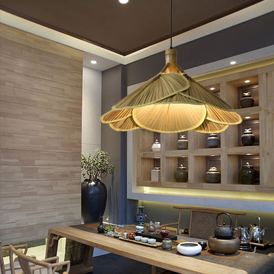 Traditional Rustic Hat Solid Wood Bamboo 1-Light Pendant Light For Dining Room