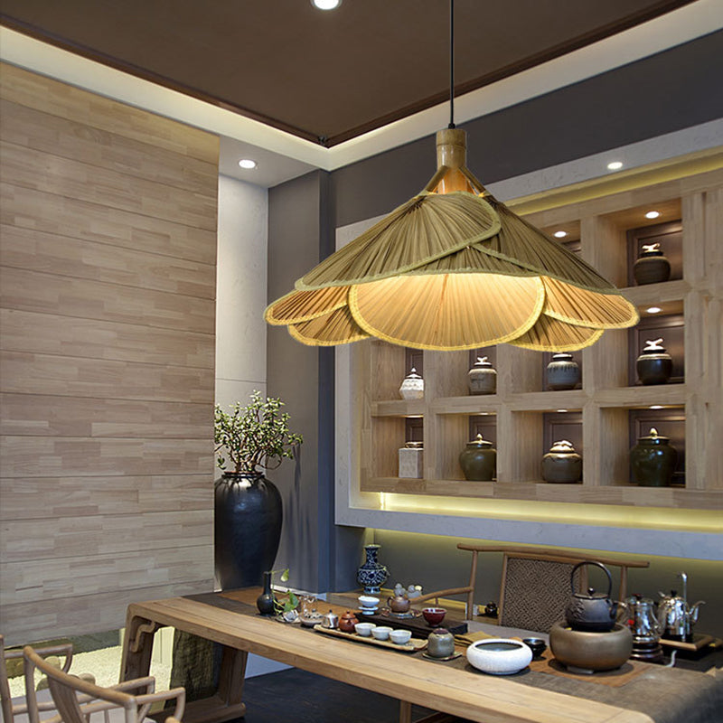 Traditional Rustic Hat Solid Wood Bamboo 1-Light Pendant Light For Dining Room