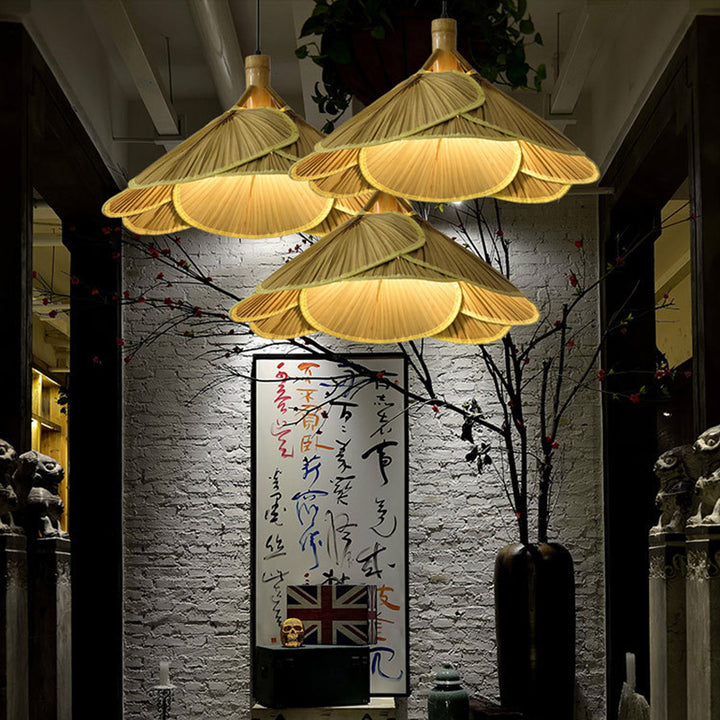 Suspension 1 lumière en bambou et bois massif au style rustique traditionnel pour salle à manger 