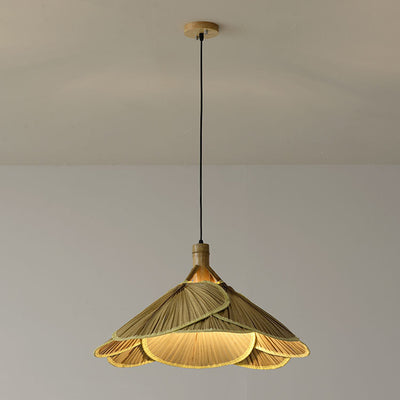 Traditional Rustic Hat Solid Wood Bamboo 1-Light Pendant Light For Dining Room