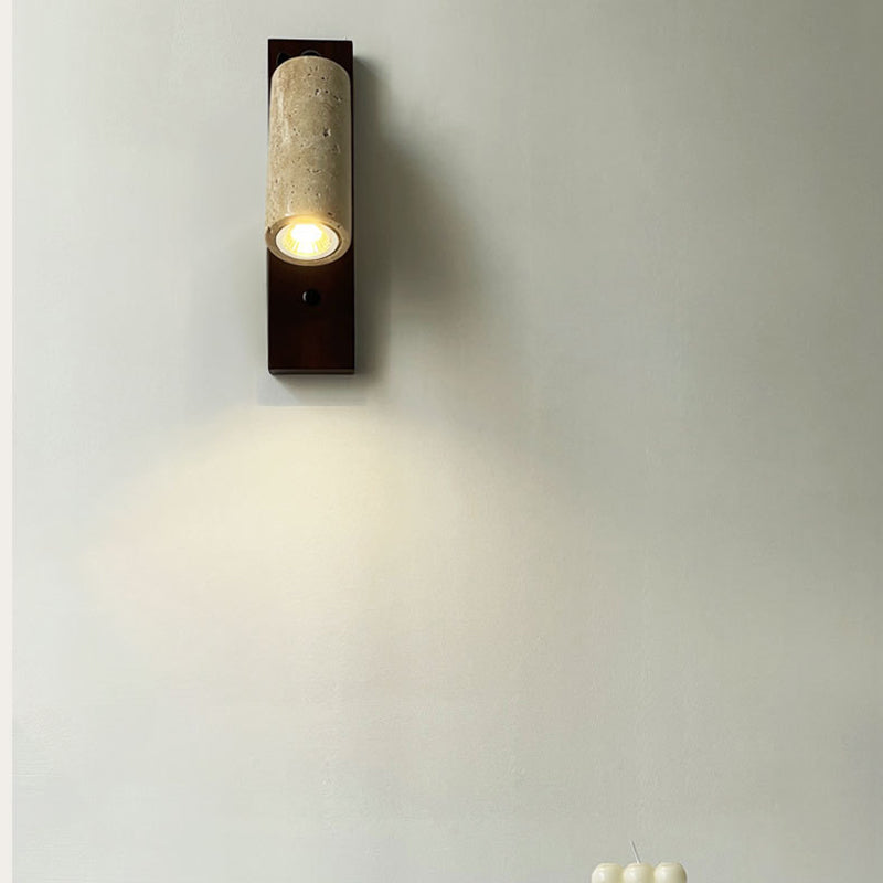 Traditional Vintage Cylindrical Solid Wood Yellow Travertine Iron 1-Light Wall Sconce Lamp For Bedroom