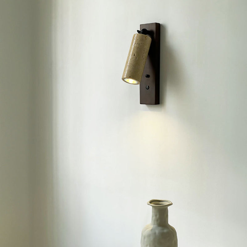 Traditional Vintage Cylindrical Solid Wood Yellow Travertine Iron 1-Light Wall Sconce Lamp For Bedroom