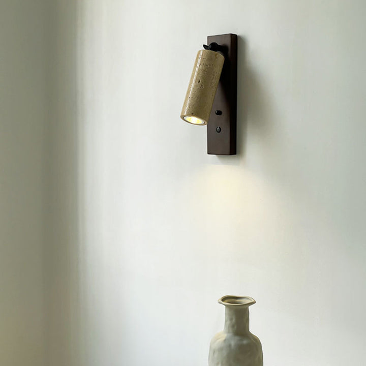 Traditional Vintage Cylindrical Solid Wood Yellow Travertine Iron 1-Light Wall Sconce Lamp For Bedroom