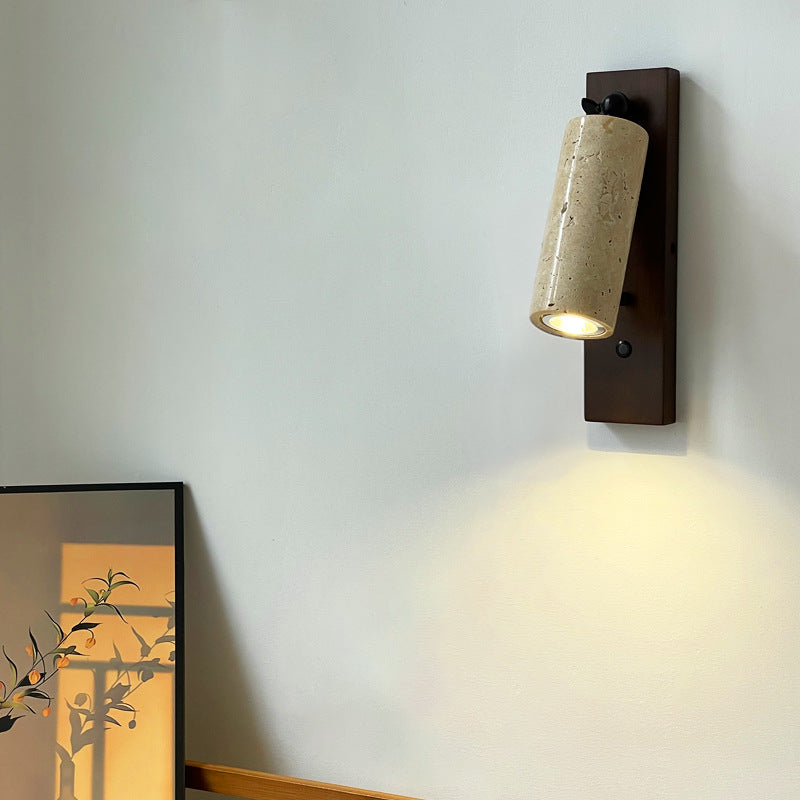 Traditional Vintage Cylindrical Solid Wood Yellow Travertine Iron 1-Light Wall Sconce Lamp For Bedroom