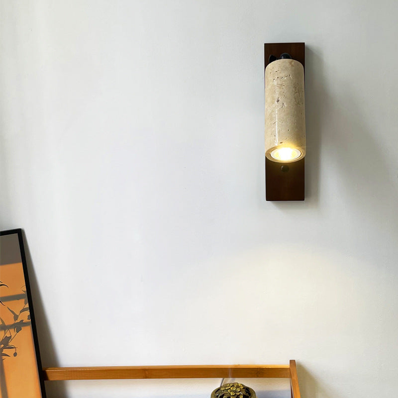 Traditional Vintage Cylindrical Solid Wood Yellow Travertine Iron 1-Light Wall Sconce Lamp For Bedroom