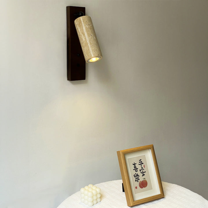 Traditional Vintage Cylindrical Solid Wood Yellow Travertine Iron 1-Light Wall Sconce Lamp For Bedroom