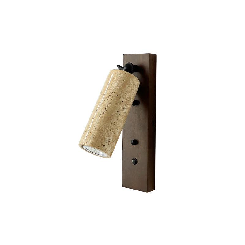 Traditional Vintage Cylindrical Solid Wood Yellow Travertine Iron 1-Light Wall Sconce Lamp For Bedroom