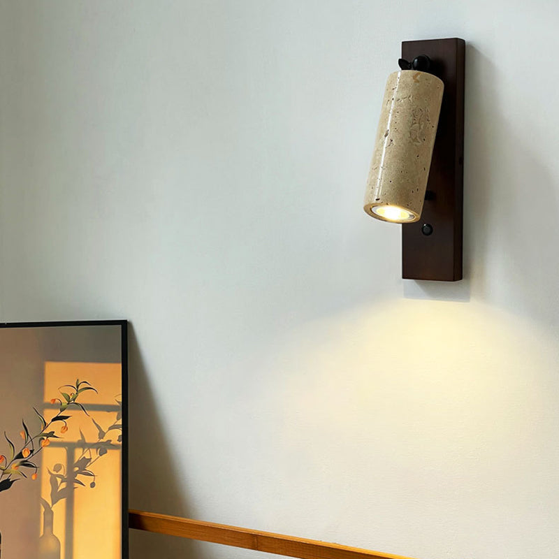 Traditional Vintage Cylindrical Solid Wood Yellow Travertine Iron 1-Light Wall Sconce Lamp For Bedroom