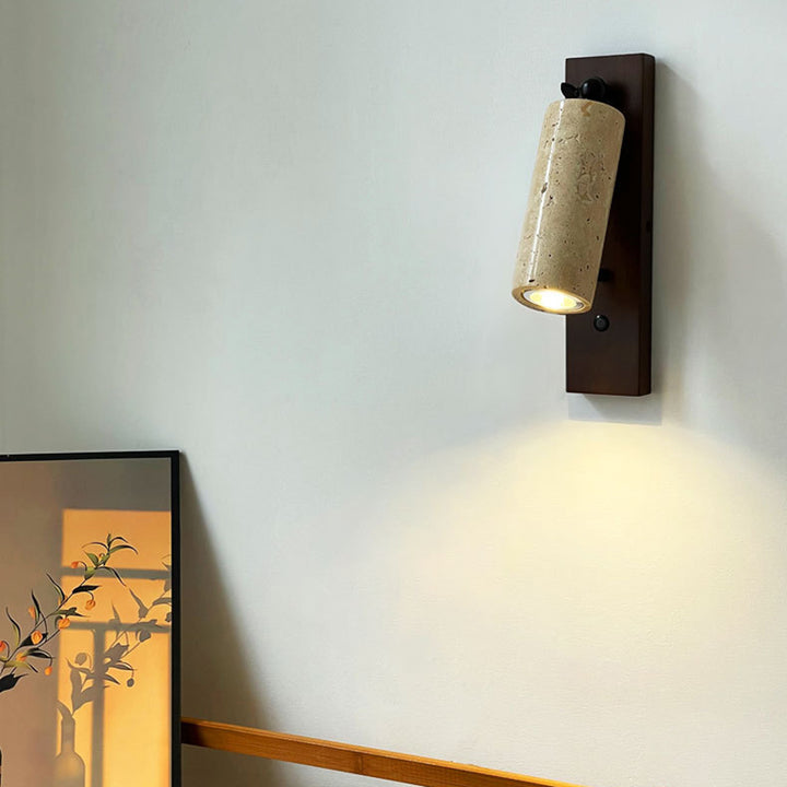 Traditional Vintage Cylindrical Solid Wood Yellow Travertine Iron 1-Light Wall Sconce Lamp For Bedroom