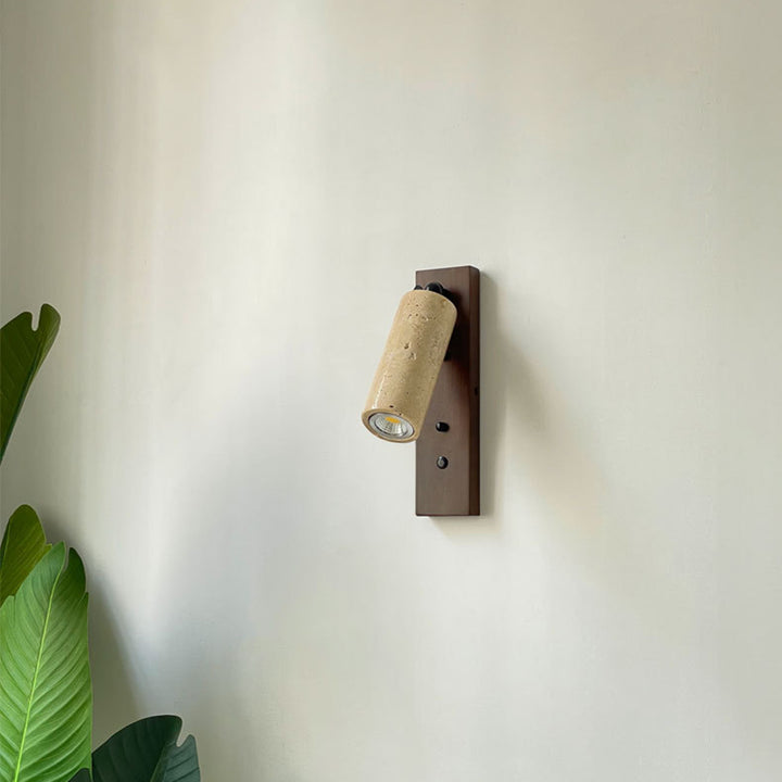 Traditional Vintage Cylindrical Solid Wood Yellow Travertine Iron 1-Light Wall Sconce Lamp For Bedroom
