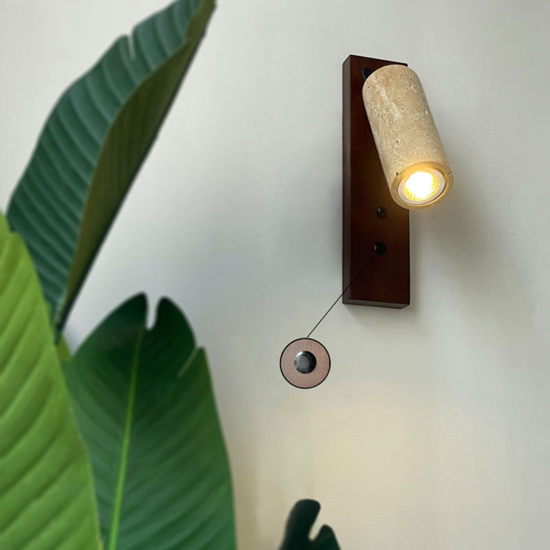 Traditional Vintage Cylindrical Solid Wood Yellow Travertine Iron 1-Light Wall Sconce Lamp For Bedroom