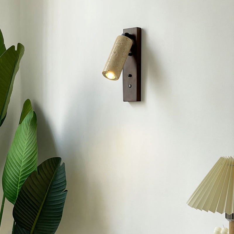 Traditional Vintage Cylindrical Solid Wood Yellow Travertine Iron 1-Light Wall Sconce Lamp For Bedroom