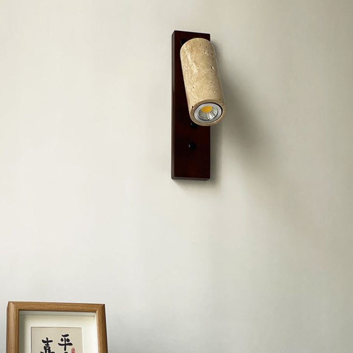 Traditional Vintage Cylindrical Solid Wood Yellow Travertine Iron 1-Light Wall Sconce Lamp For Bedroom