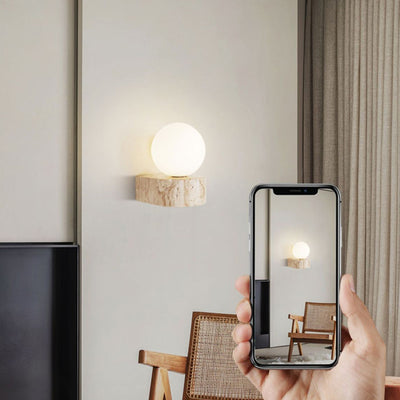 Modern Simplicity Round Square Yellow Travertine Glass 1/2-Light Wall Sconce Lamp For Bedroom