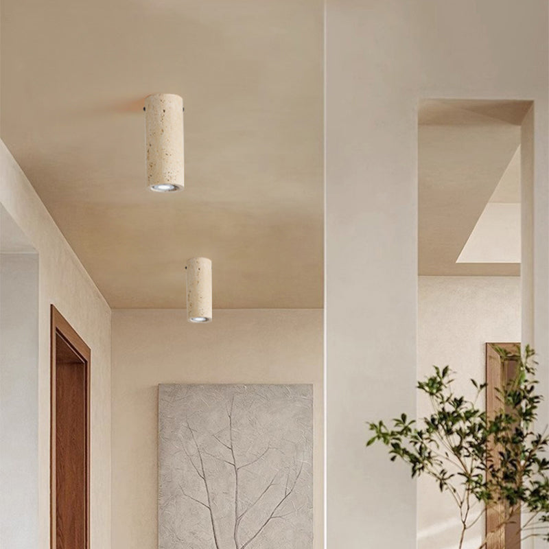 Modern Minimalist Cylindrical Yellow Travertine Iron 1-Light Flush Mount Ceiling Light For Entryway