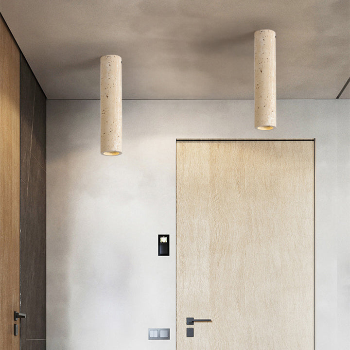 Moderne minimalistische zylindrische gelbe Travertin-Eisen-1-Licht-Deckenleuchte für den Eingangsbereich 