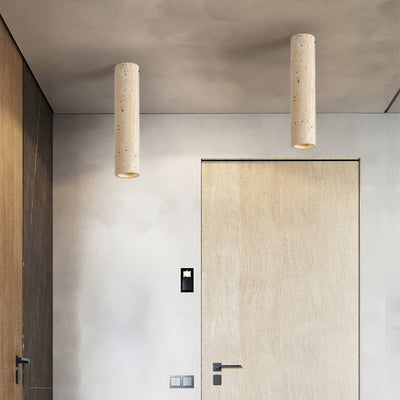 Modern Minimalist Cylindrical Yellow Travertine Iron 1-Light Flush Mount Ceiling Light For Entryway