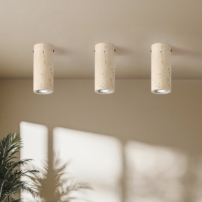 Modern Minimalist Cylindrical Yellow Travertine Iron 1-Light Flush Mount Ceiling Light For Entryway