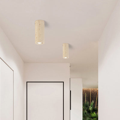 Modern Minimalist Cylindrical Yellow Travertine Iron 1-Light Flush Mount Ceiling Light For Entryway
